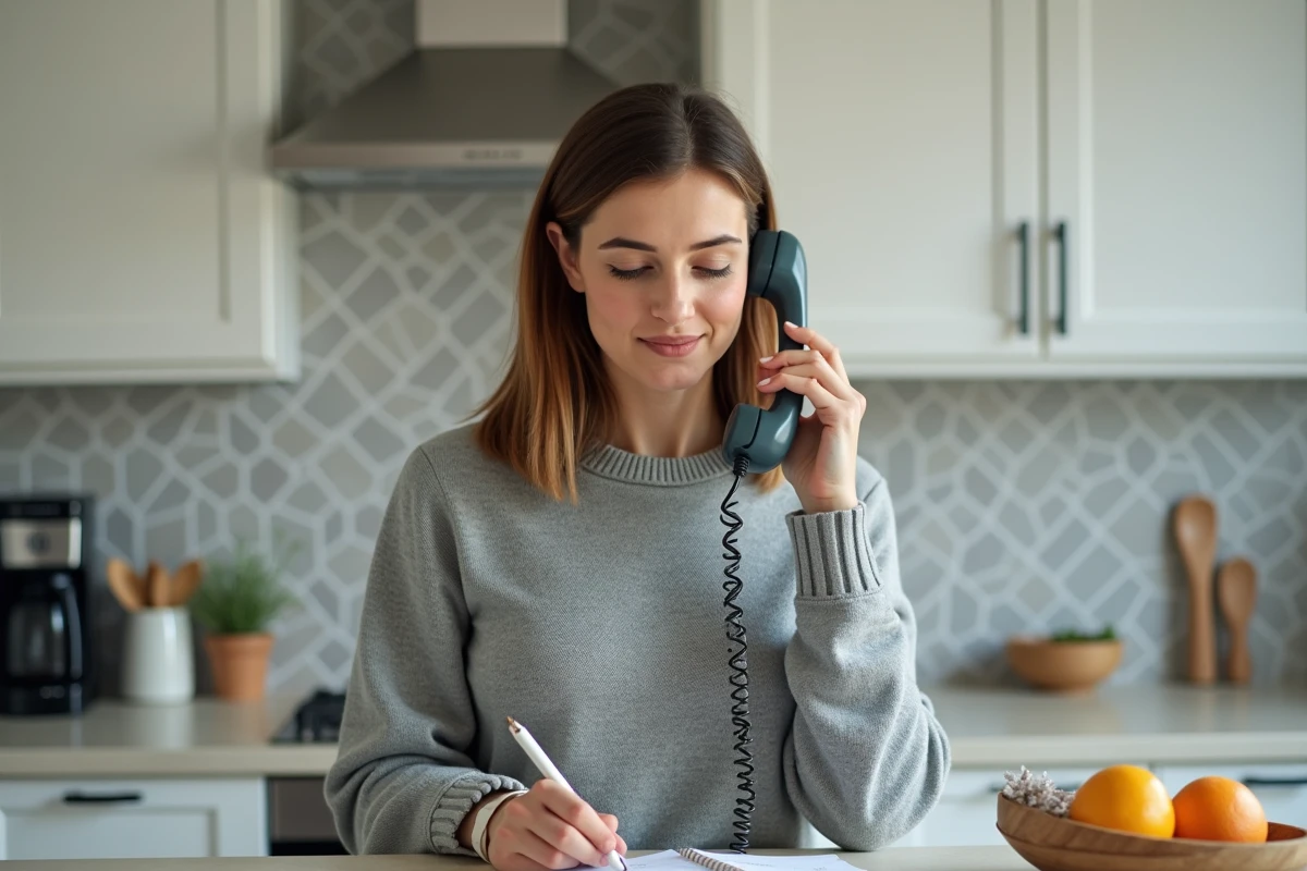 Femme consultant son répondeur Free depuis un téléphone fixe sans fil dans une cuisine moderne
