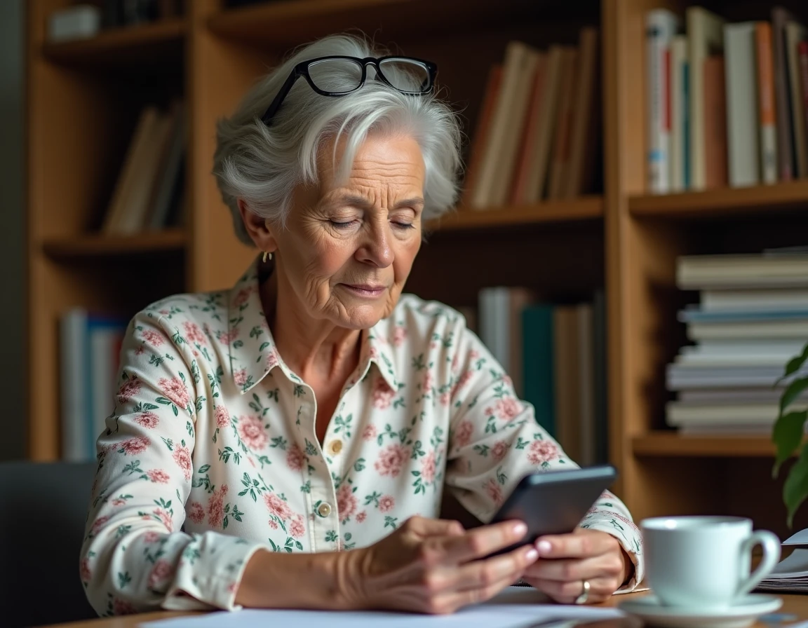 Femme senior reprogrammant une livraison postale sur smartphone depuis un bureau à domicile