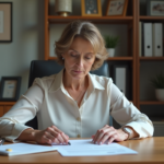 Femme d'âge moyen en bureau à domicile examinant des papiers