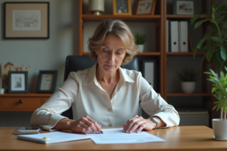 Femme d'âge moyen en bureau à domicile examinant des papiers