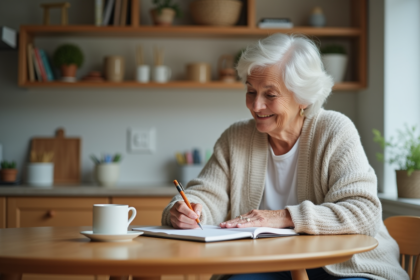Femme retraitée souriante écrivant dans un journal à la maison