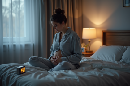 Femme pensante en pyjama gris au réveil tôt