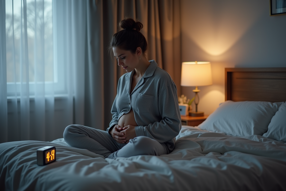 Femme pensante en pyjama gris au réveil tôt