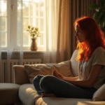 Femme aux cheveux rouges assise seule dans un salon lumineux