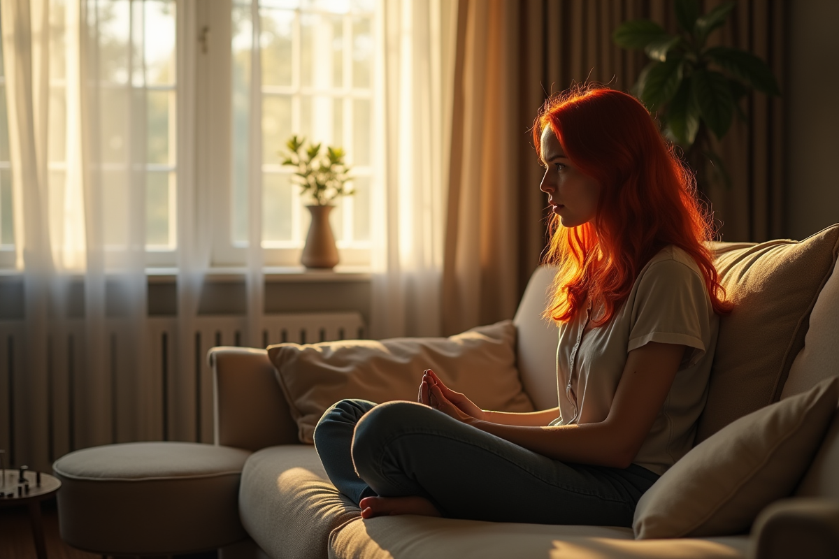 Femme aux cheveux rouges assise seule dans un salon lumineux
