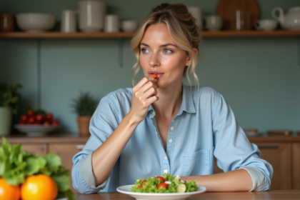 Femme en cuisine dégustant une salade colorée