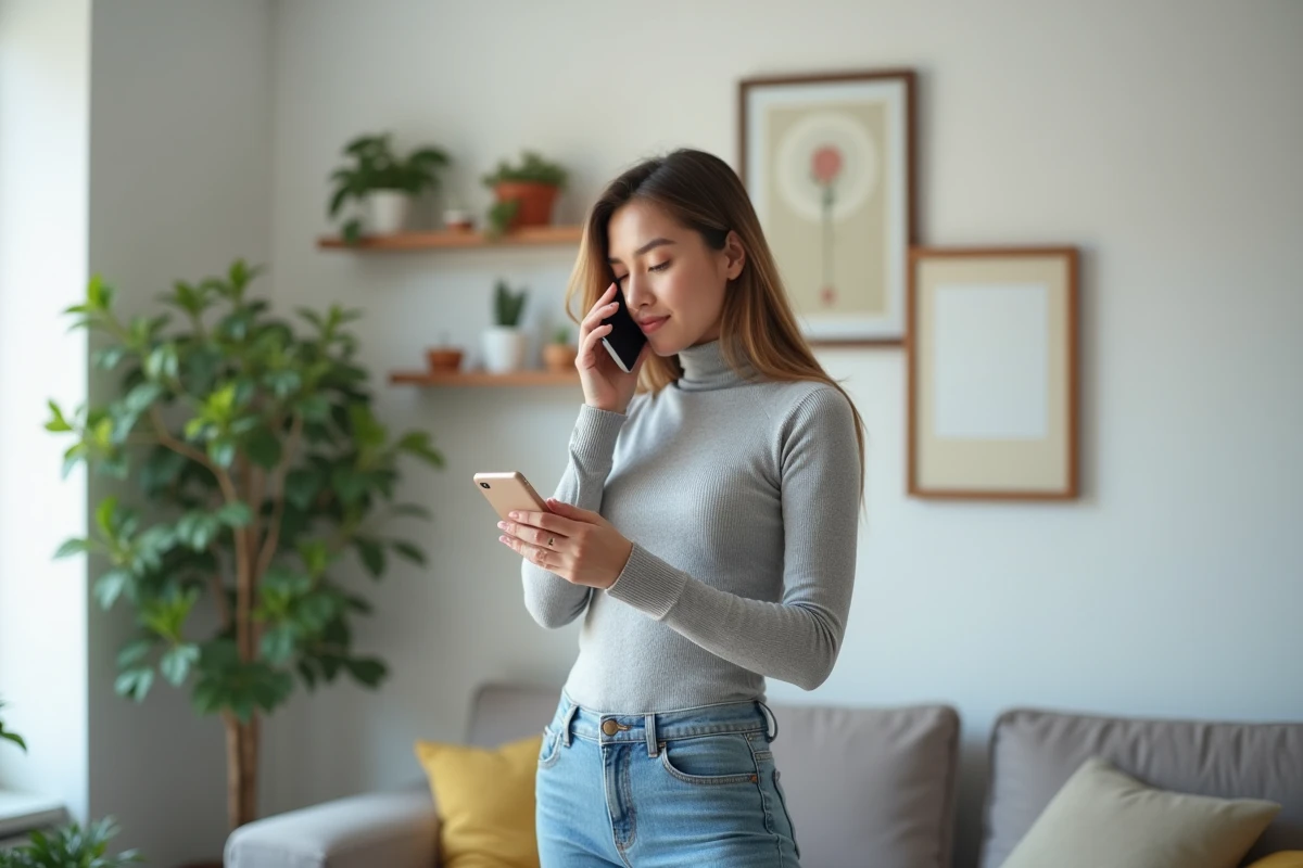 Jeune femme avec smartphone dans un intérieur lumineux
