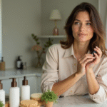 Femme appliquant un serum capillaire naturel dans une salle de bain lumineuse