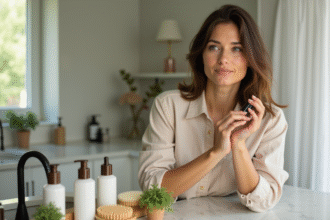 Femme appliquant un serum capillaire naturel dans une salle de bain lumineuse