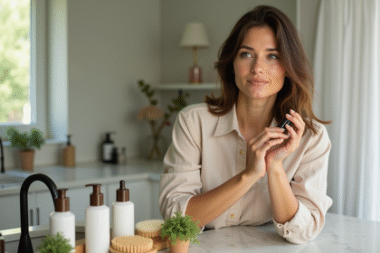 Femme appliquant un serum capillaire naturel dans une salle de bain lumineuse
