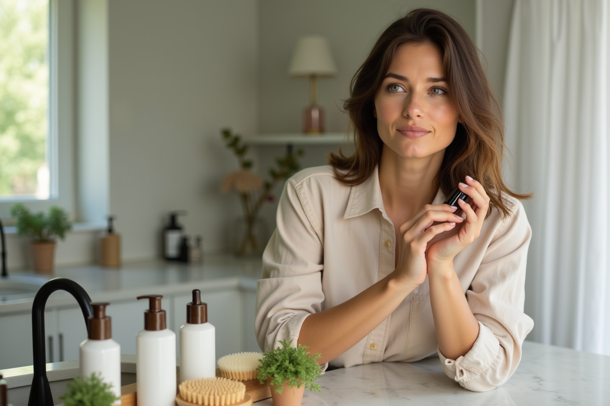 Femme appliquant un serum capillaire naturel dans une salle de bain lumineuse