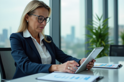 Femme d'affaires en blazer bleu analysant des graphiques