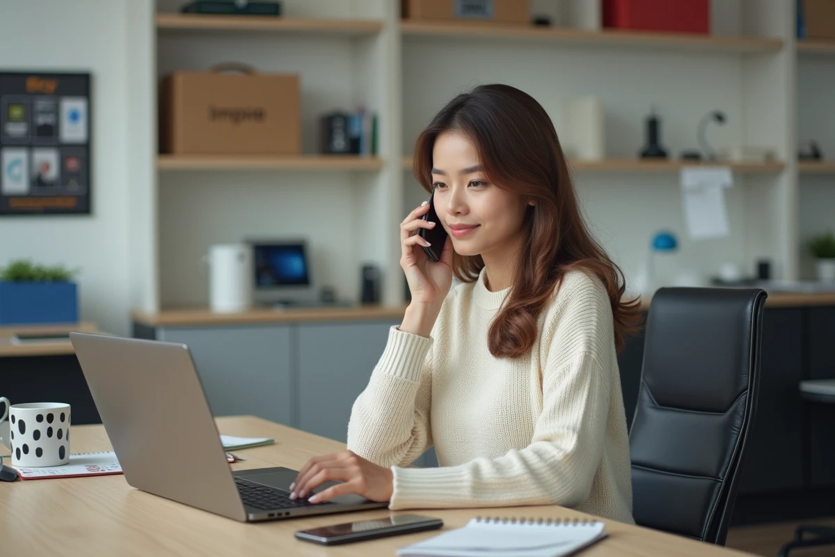 Jeune femme au téléphone dans un bureau professionnel