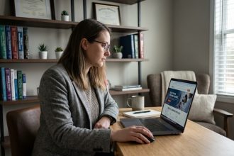 Femme concentrée travaillant sur un ordinateur dans un bureau moderne