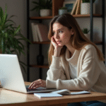 Jeune femme concentrée travaillant sur son ordinateur à la maison