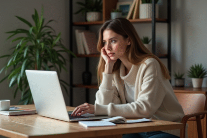 Jeune femme concentrée travaillant sur son ordinateur à la maison