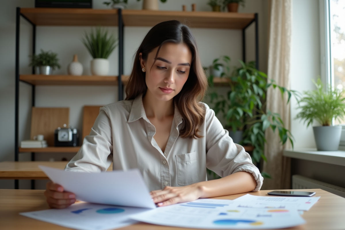 Jeune femme concentrée à la maison avec documents et plantes