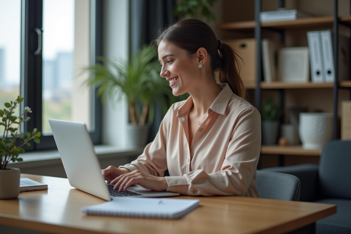 Jeune femme travaillant sur son ordinateur dans un bureau à domicile
