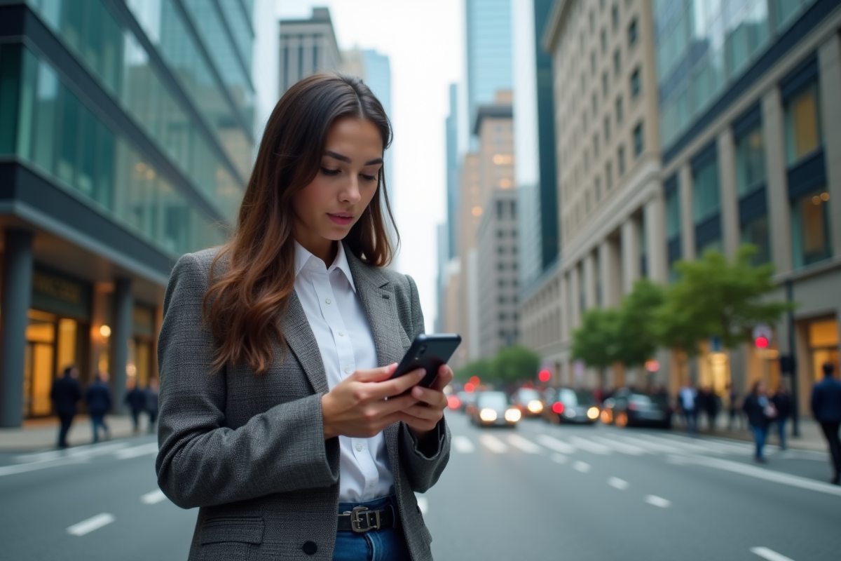 Jeune femme regardant une alerte de crash boursier en ville