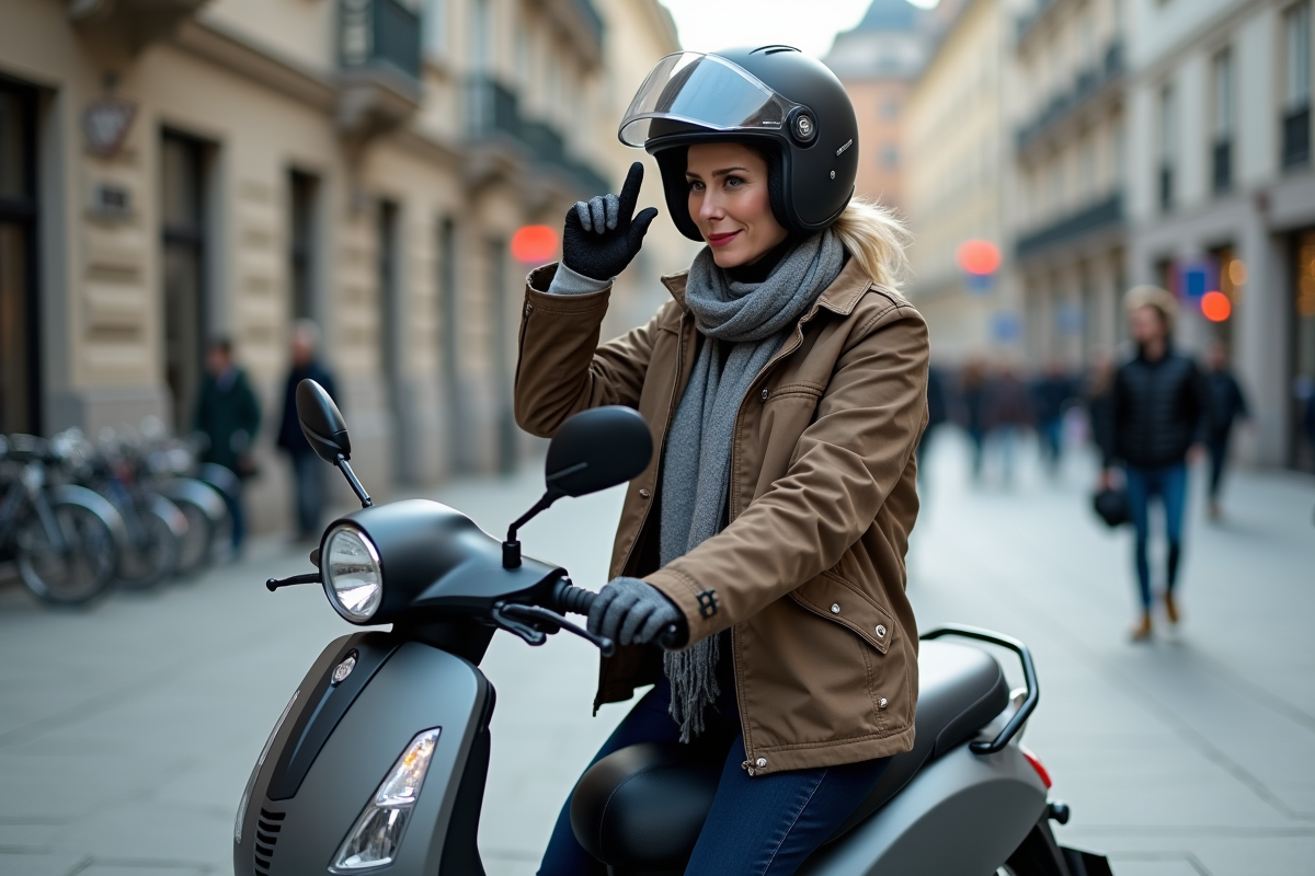Femme en ville ajustant son casque sur moto