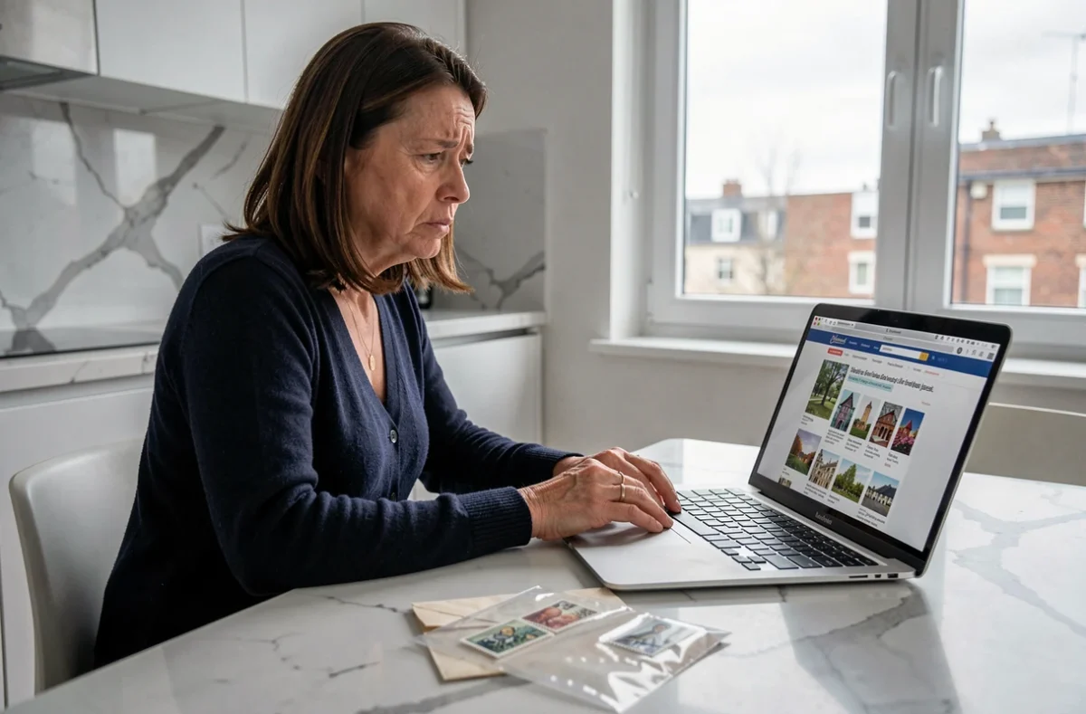 Femme cherchant à vendre un timbre rare France sur internet sans succès