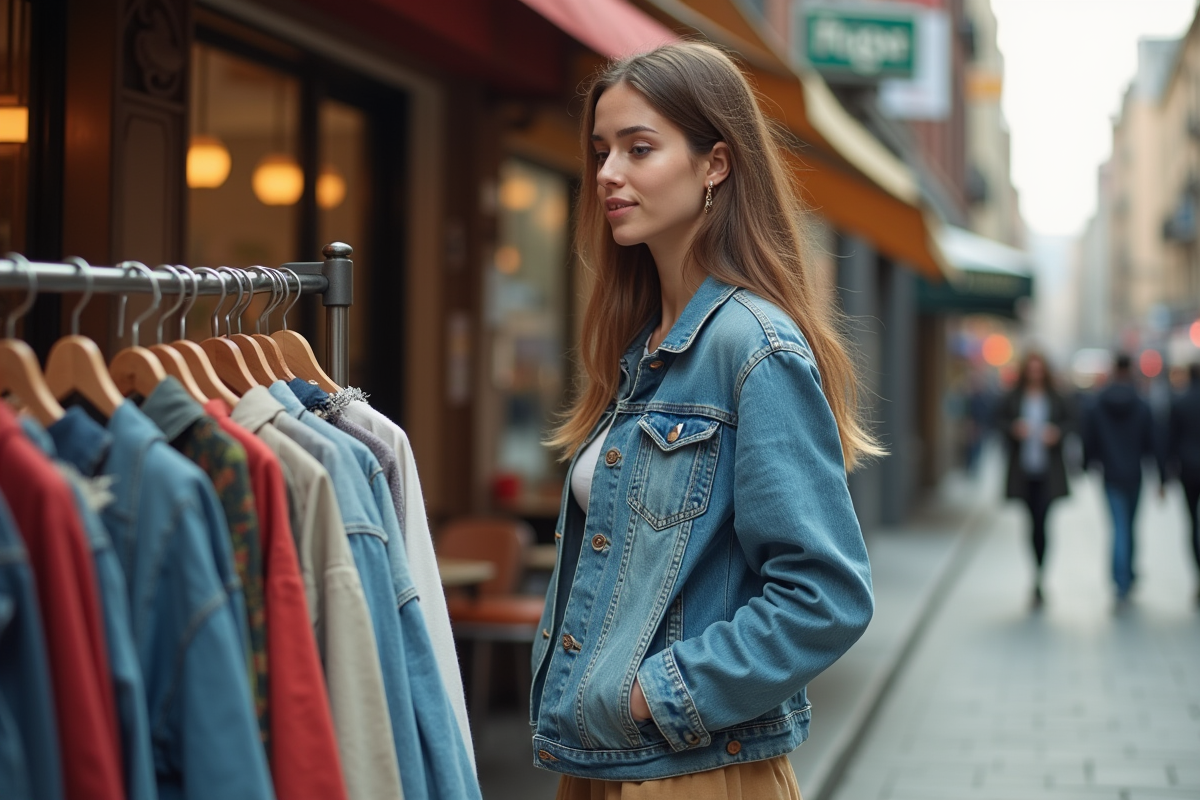 Jeune femme en denim recyclé dans une rue urbaine