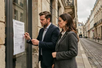 Couple lisant un avis administratif affiché sur la porte fermée d'une boîte de nuit à Lille