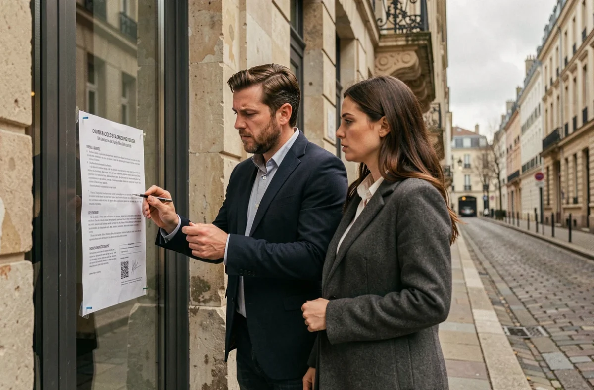 Couple lisant un avis administratif affiché sur la porte fermée d'une boîte de nuit à Lille