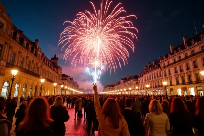 Feu d'artifice coloré éclatant au-dessus des toits flamands de Lille avec une foule rassemblée sur l'esplanade