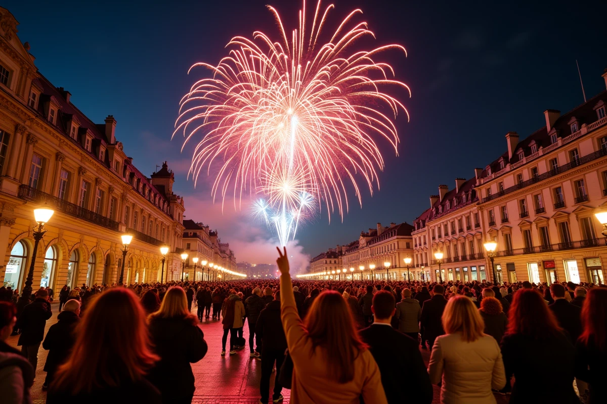 Feu d'artifice coloré éclatant au-dessus des toits flamands de Lille avec une foule rassemblée sur l'esplanade