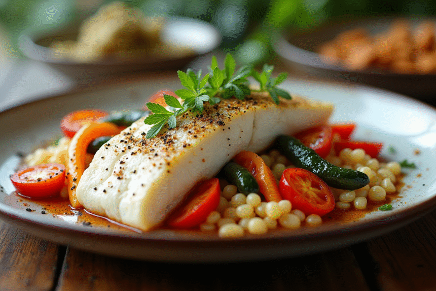 Filet de poisson blanc aux herbes fraîches sur table rustique
