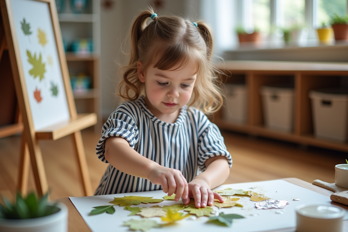 Jeune fille créant une collage avec des feuilles en classe