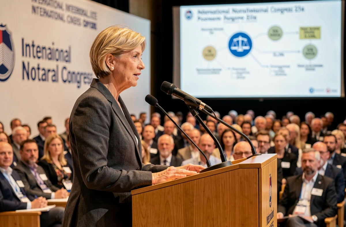 Conférencière experte présentant une session de formation au congrès international des notaires UINL à Paris