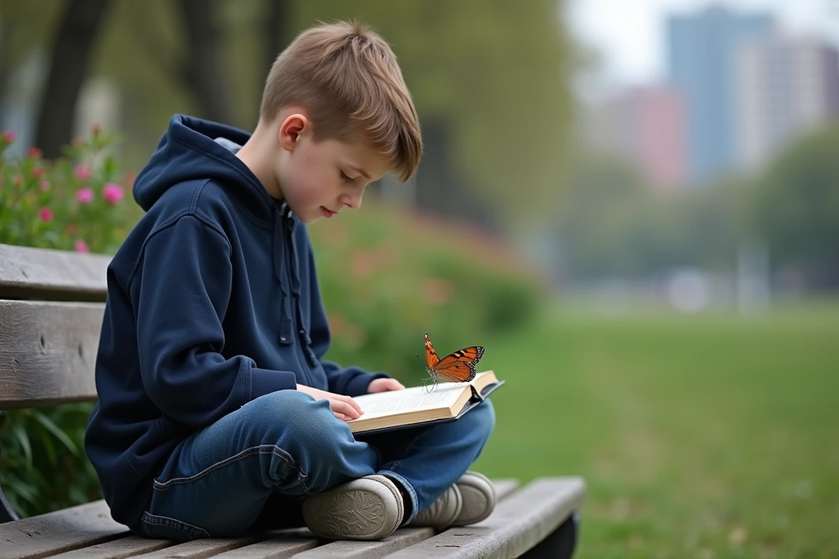 Jeune garçon observant un papillon dans un parc urbain