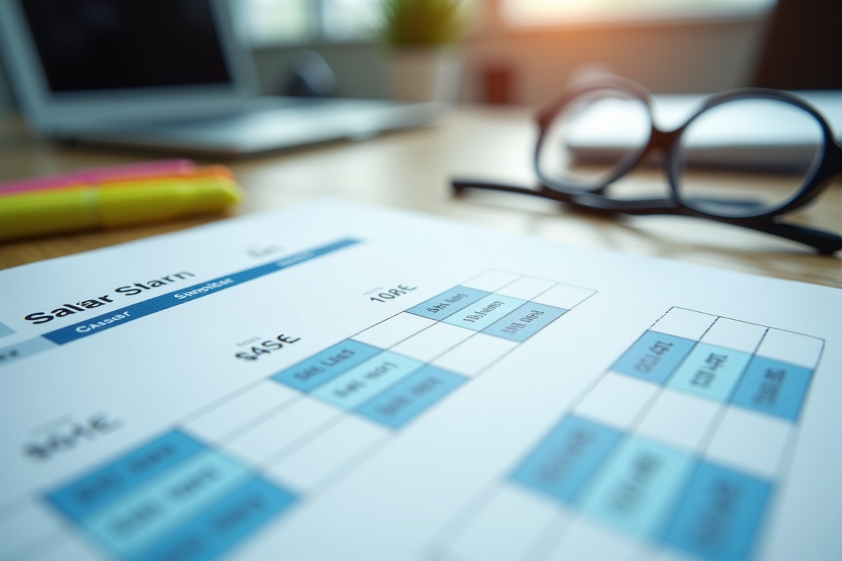 Grilles de salaires et surligneurs sur un bureau organisé
