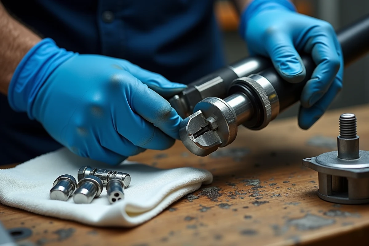 Gros plan des mains d'un mécanicien utilisant une clé à cliquet pour entretenir un moteur marin hors-bord