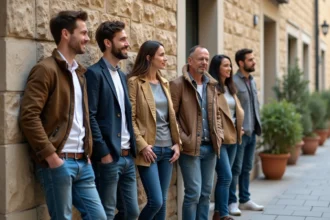 Groupe d'adultes français dans une place urbaine authentique