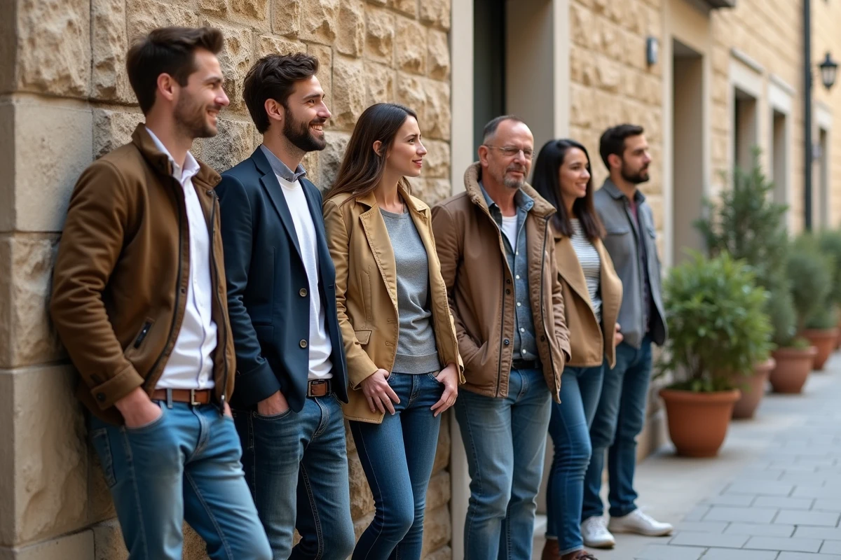 Groupe d'adultes français dans une place urbaine authentique