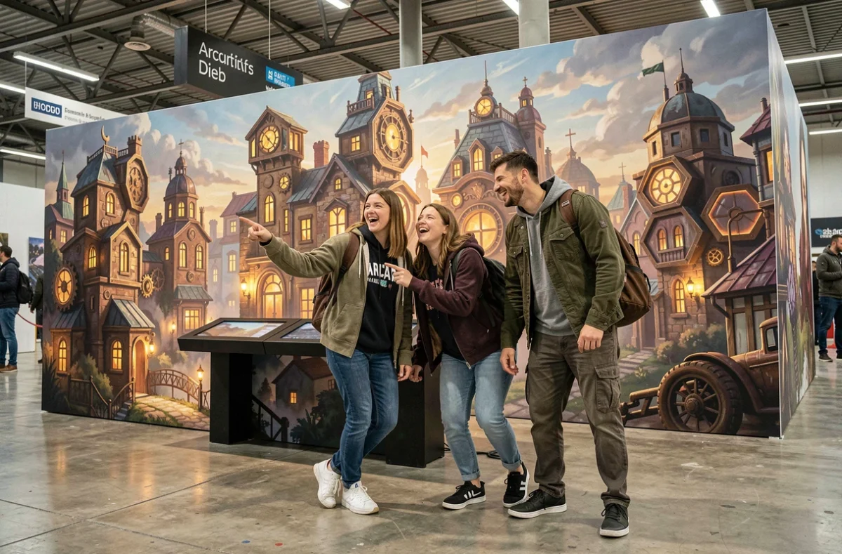 Groupe d'amis devant une installation interactive de l'exposition Arcane Montpellier avec décor urbain fantastique