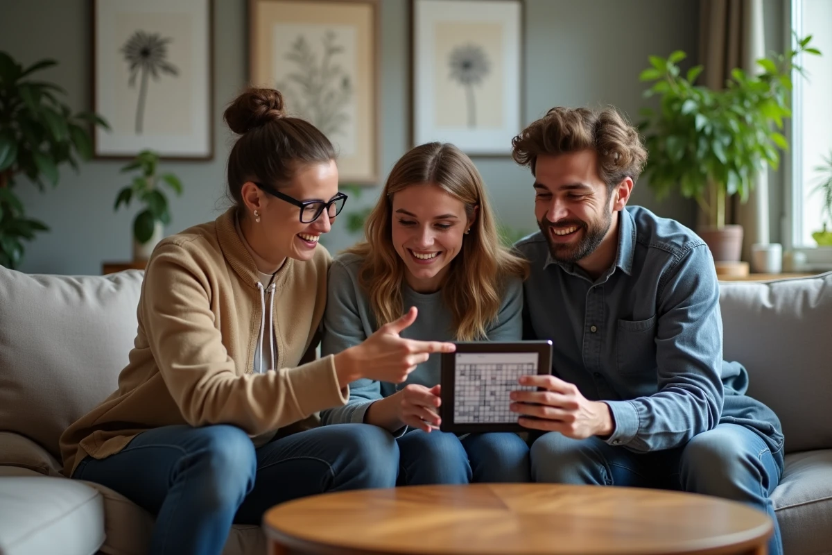 Groupe d'amis jouant ensemble à un jeu de mots croisés sur tablette dans un appartement moderne