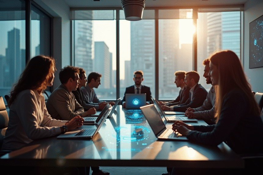 Groupe de personnes discutant d'éthique technologique autour d'une table