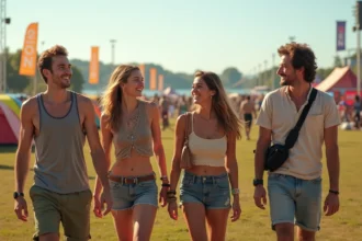 Groupe d amis souriants lors du festival Vieilles Charrues