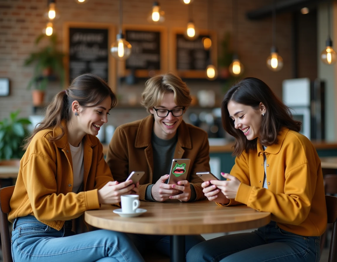 Groupe de jeunes adultes dans un café qui réagissent ensemble à une vidéo TikTok brainrot absurde sur smartphone