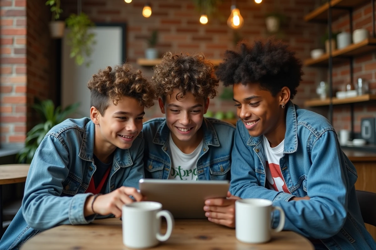 Groupe de trois adolescents réagissant ensemble à un contenu sur une tablette dans un café, représentant les nouveaux codes de communication des jeunes sur les réseaux sociaux