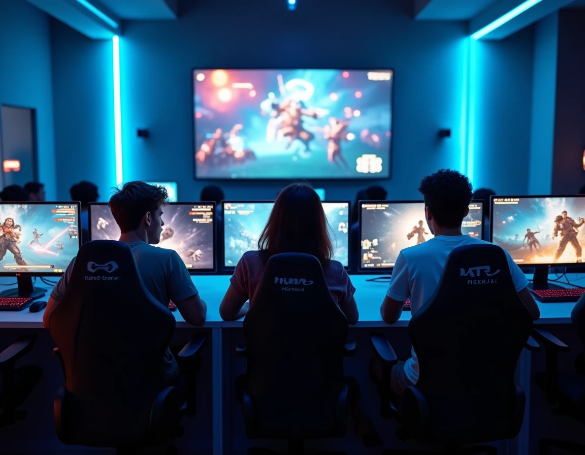 Groupe de joueurs dans un café esport participant à une session compétitive de League of Legends