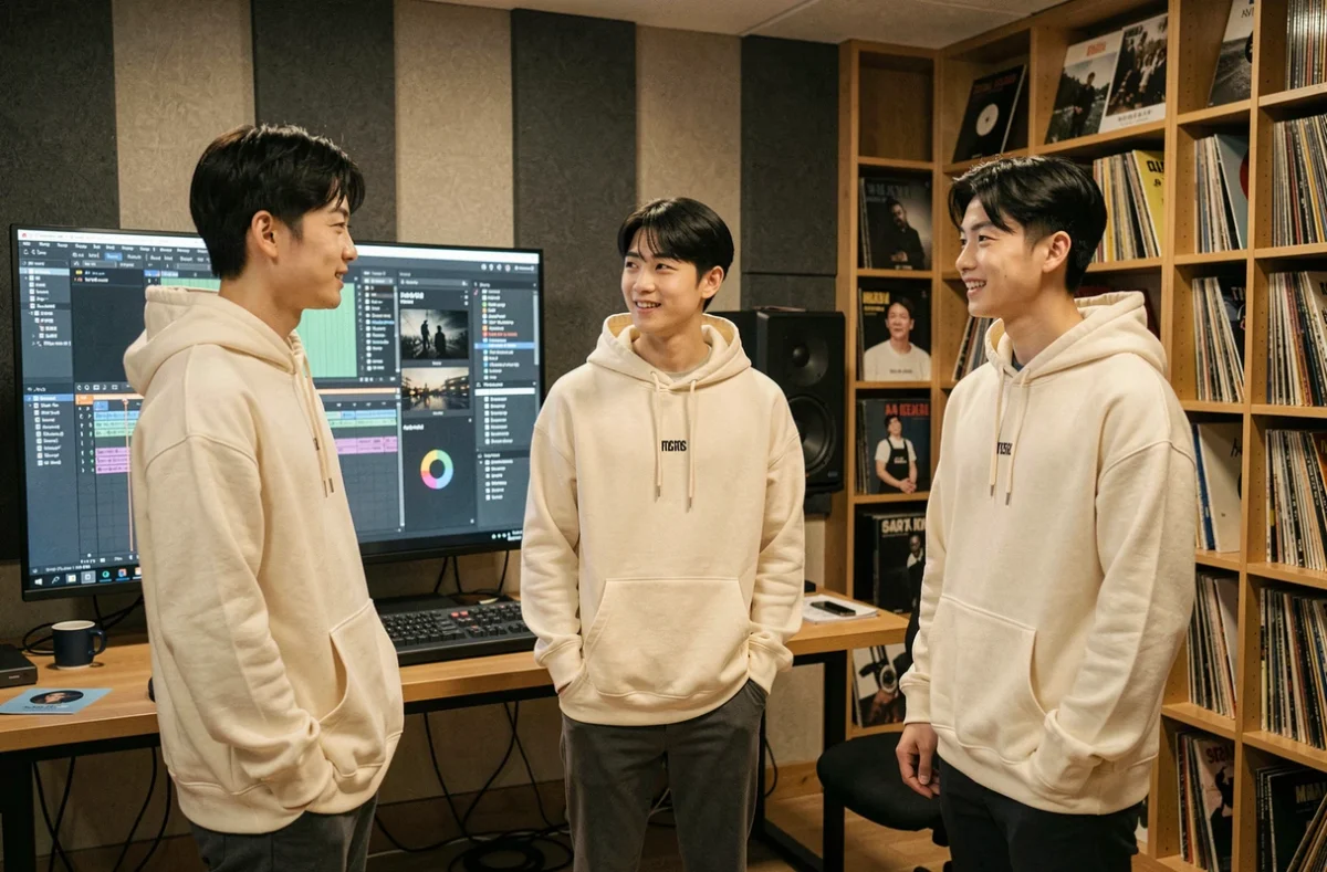 Les trois membres du groupe kpop 3piece en studio d'enregistrement à Séoul discutant devant un écran de production musicale