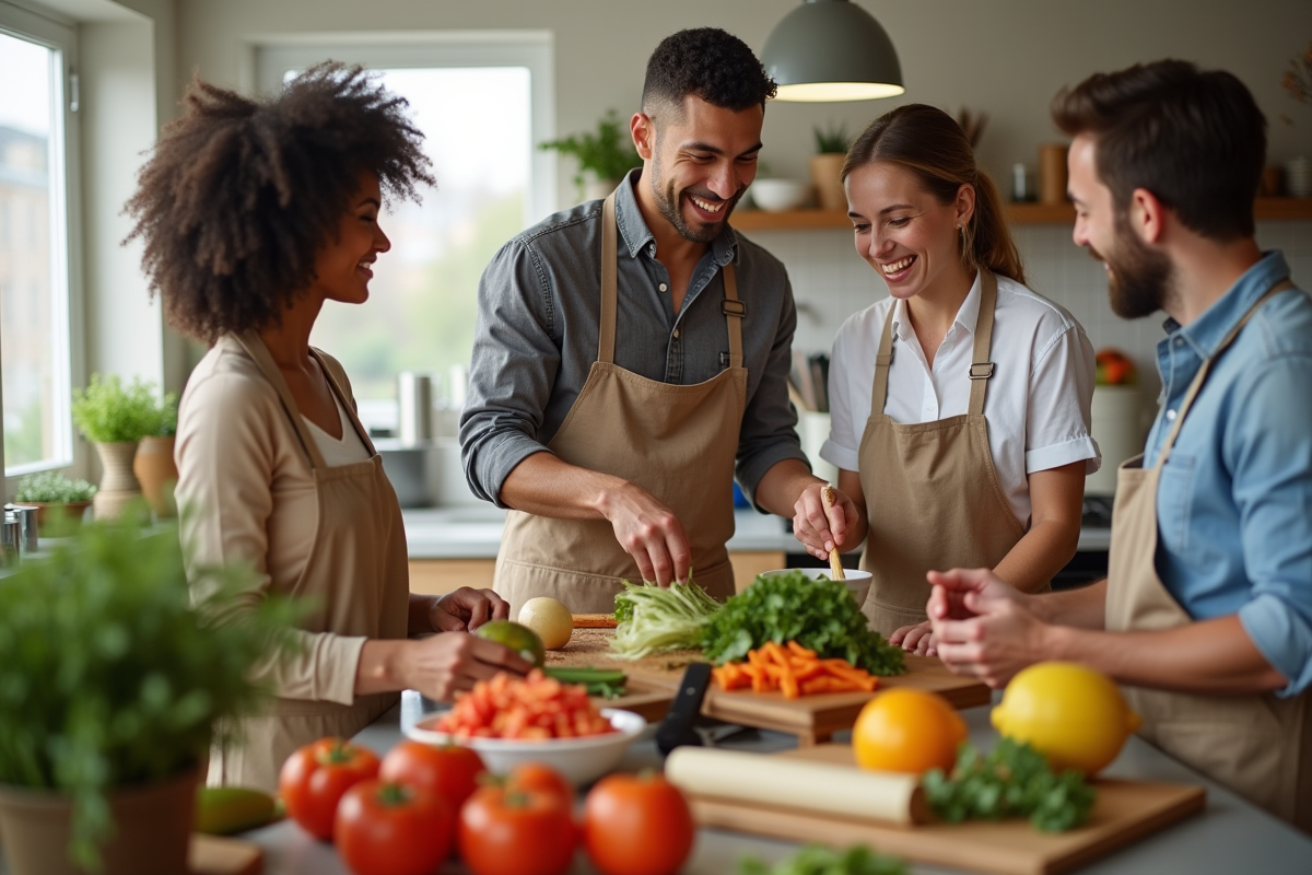 Groupe divers préparant un repas sain en cuisine lumineuse