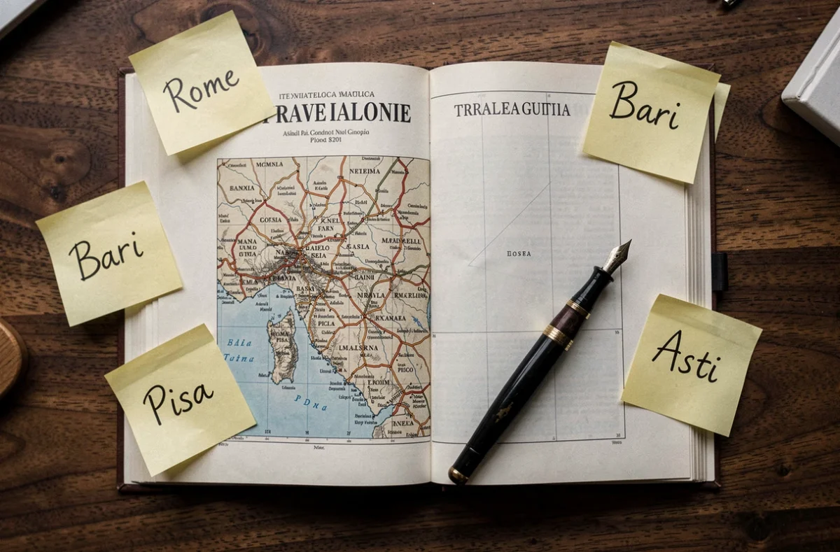 Guide de voyage italien ouvert avec des notes manuscrites sur des villes italiennes en quatre lettres et un stylo plume sur un bureau en bois