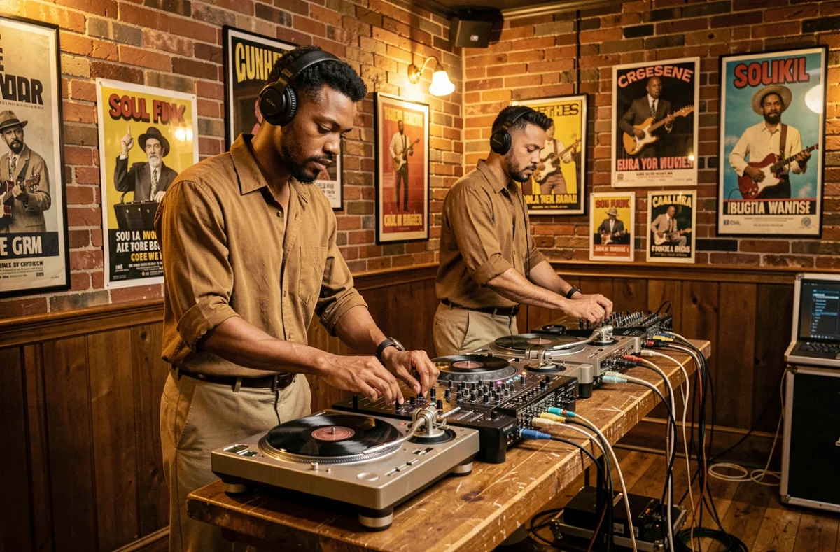 Le duo Heavy Soul derrière leurs platines vinyle dans une salle au décor rétro parisien, ambiance soul et funk authentique