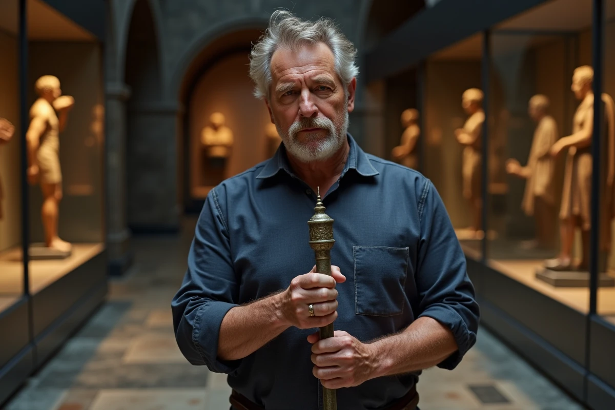 Historien tenant un étendard romain SPQR en bronze dans un couloir de musée